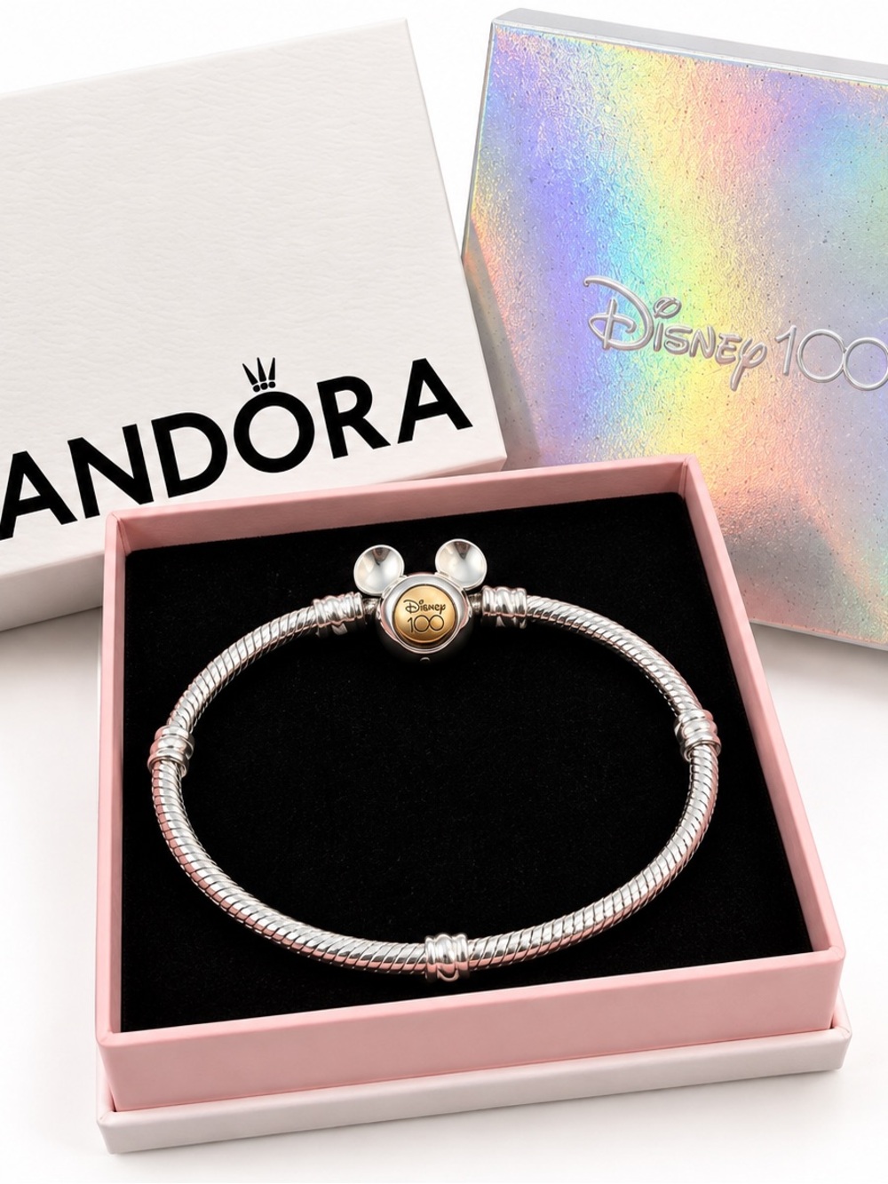 Pandora Disney 100 Mickey 14K Gold Sterling Silver Bracelet 9" w/ box & sleeve